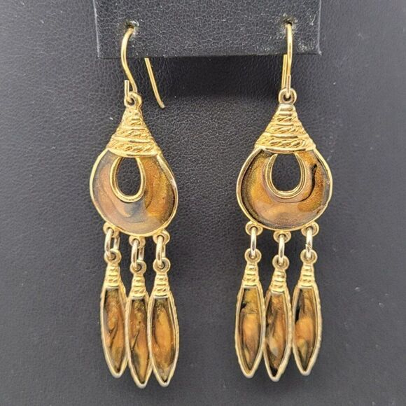 Vtg Berebi Signed Gold Brown Enamel Articulating Dangle Earrings Feather Boho - Picture 5 of 5